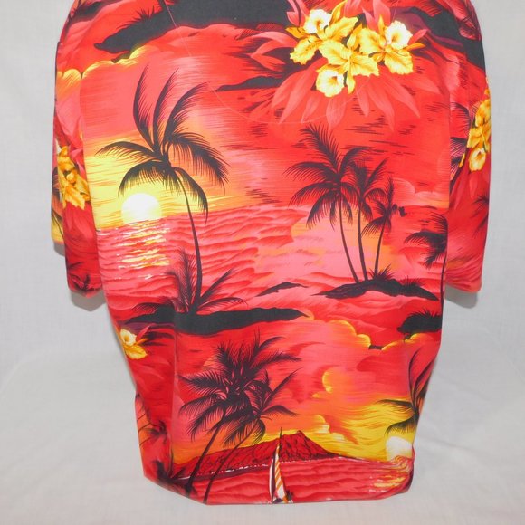 VTG Y2k AIR EAGLE Mens L Red Yellow Sunset Palm Trees Hawaiian Shirt - Picture 12 of 12